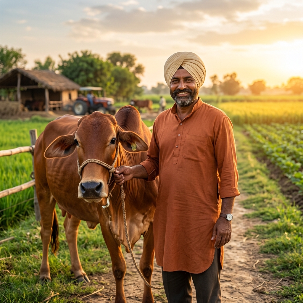 Indian dairy farmer with healthy cow